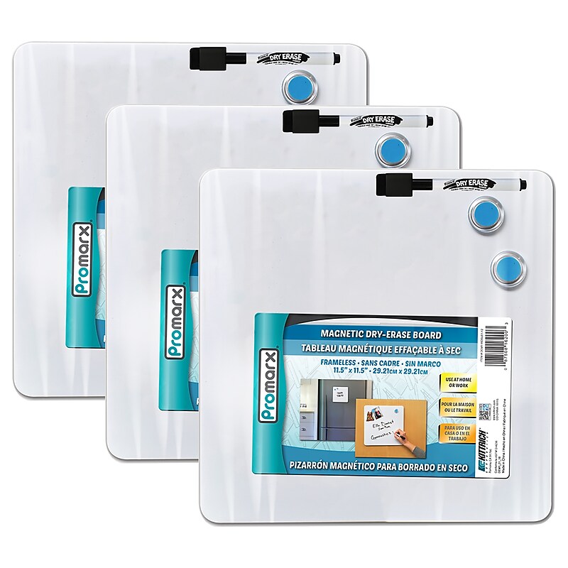 Promarx® Magnetic Dry-Erase Board with Dry-Erase Marker & Two Magnets, 11.5" x 11.5", 3 Sets (KITDE16WDSU0112-3) image 1