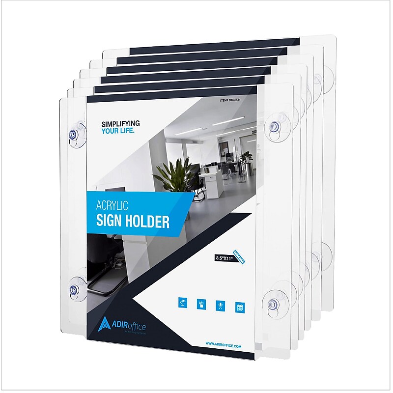 AdirOffice Window Sign Holder, 8.5" x 11", Vertical/Horizontal, Side Loading, Clear Acrylic, 6/Pack (639-8511-WSH-6) image 1