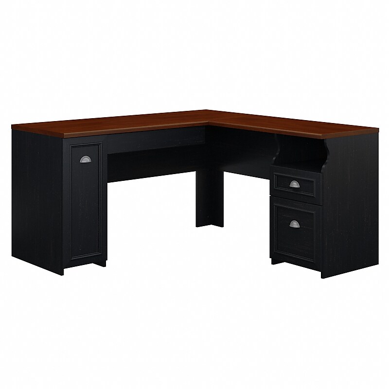 Bush Furniture Fairview 60"W L Shaped Desk with Drawers and Storage Cabinet, Antique Black/Hansen Cherry (WC53930-03K) image 1