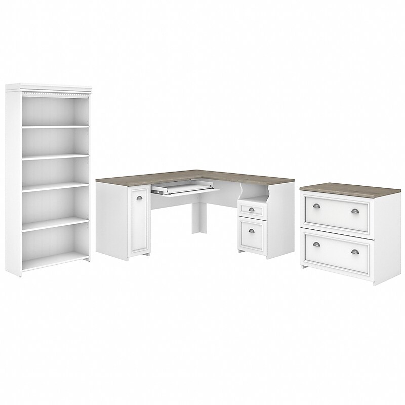 Bush Furniture Fairview 60"W L Shaped Desk with Lateral File Cabinet and 5 Shelf Bookcase, Shiplap Gray/Pure White (FV008G2W) image 1