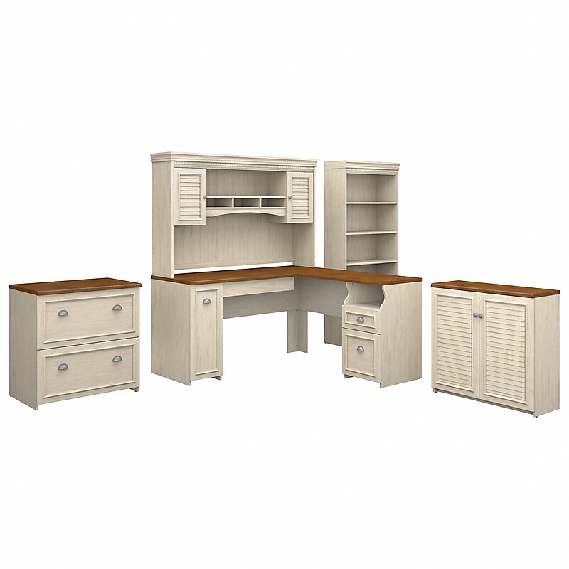 Bush Furniture Fairview 60"W L Shaped Desk with Hutch, File Cabinet, Bookcase and Storage, Antique White/Tea Maple (FV013AW) image 1