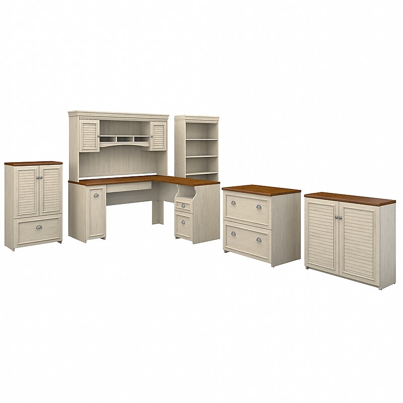 Bush Furniture Fairview 60"W L Shaped Desk with Hutch, Bookcase, Storage and File Cabinets, Antique White/Tea Maple (FV014AW) image 1