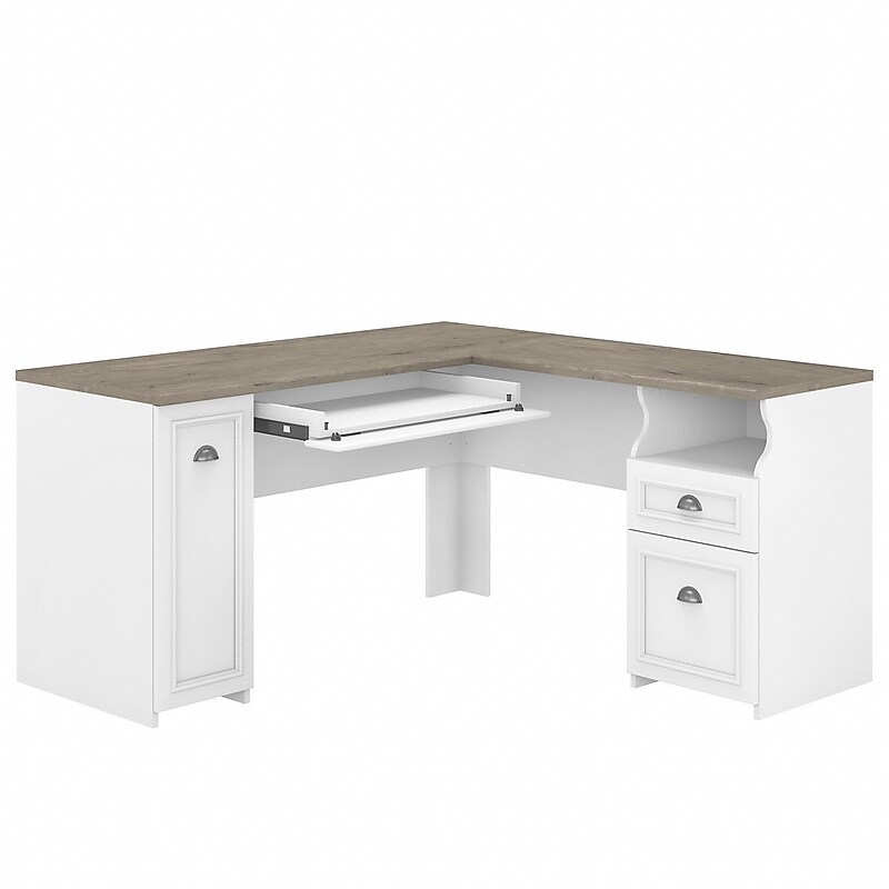 Bush Furniture Fairview 60"W L Shaped Desk with Drawers and Storage Cabinet, Shiplap Gray/Pure White (WC53630-03K) image 1