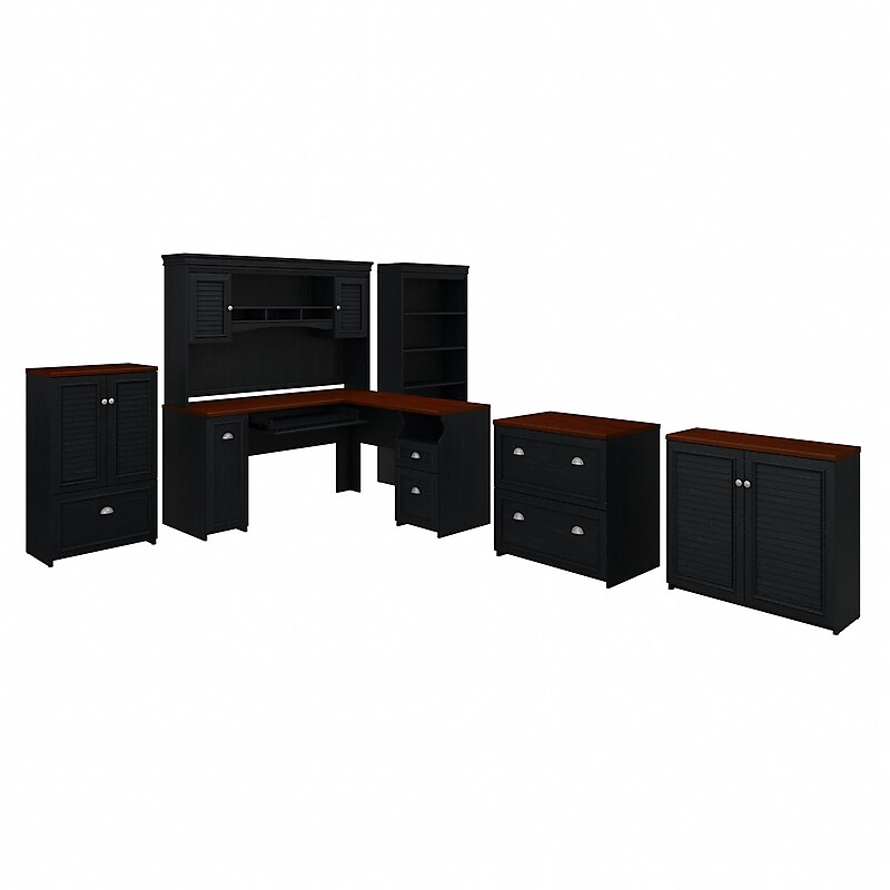 Bush Furniture Fairview 60"W L Shaped Desk with Hutch, Bookcase, Storage and File Cab, Antique Black/Hansen Cherry (FV014AB) image 1