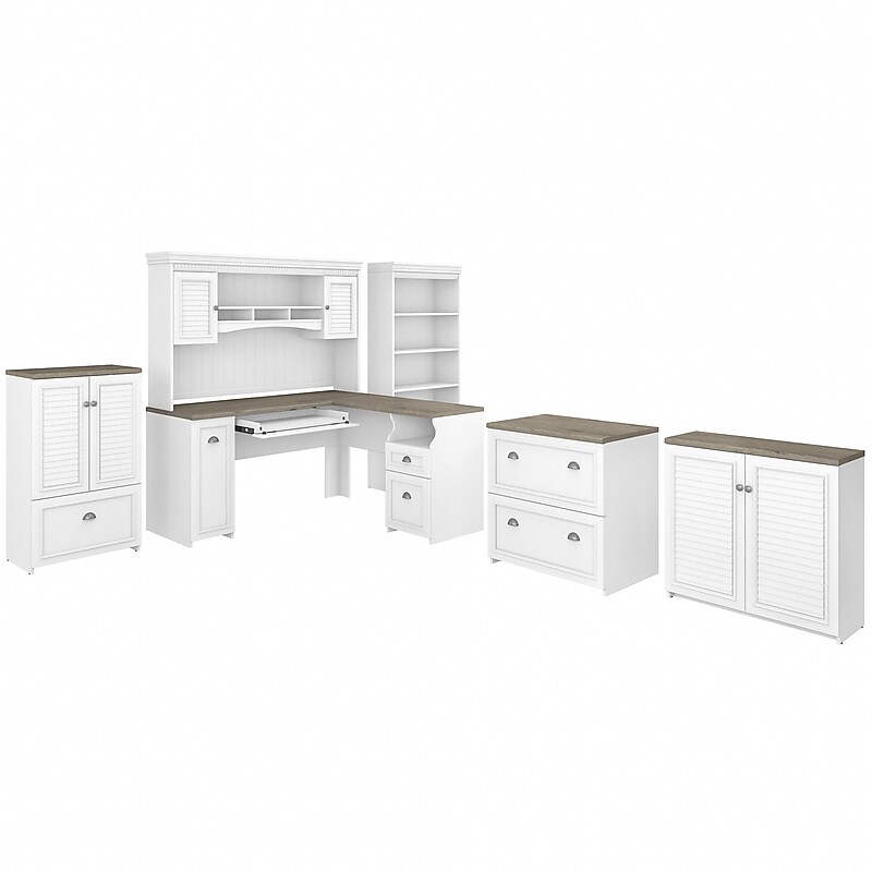 Bush Furniture Fairview 60"W L Shaped Desk with Hutch, Bookcase, Storage and File Cabinets, Shiplap Gray/Pure White (FV014G2W) image 1