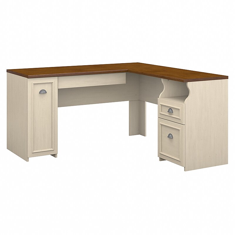 Bush Furniture Fairview 60"W L Shaped Desk with Drawers and Storage Cabinet, Antique White/Tea Maple (WC53230-03K) image 1