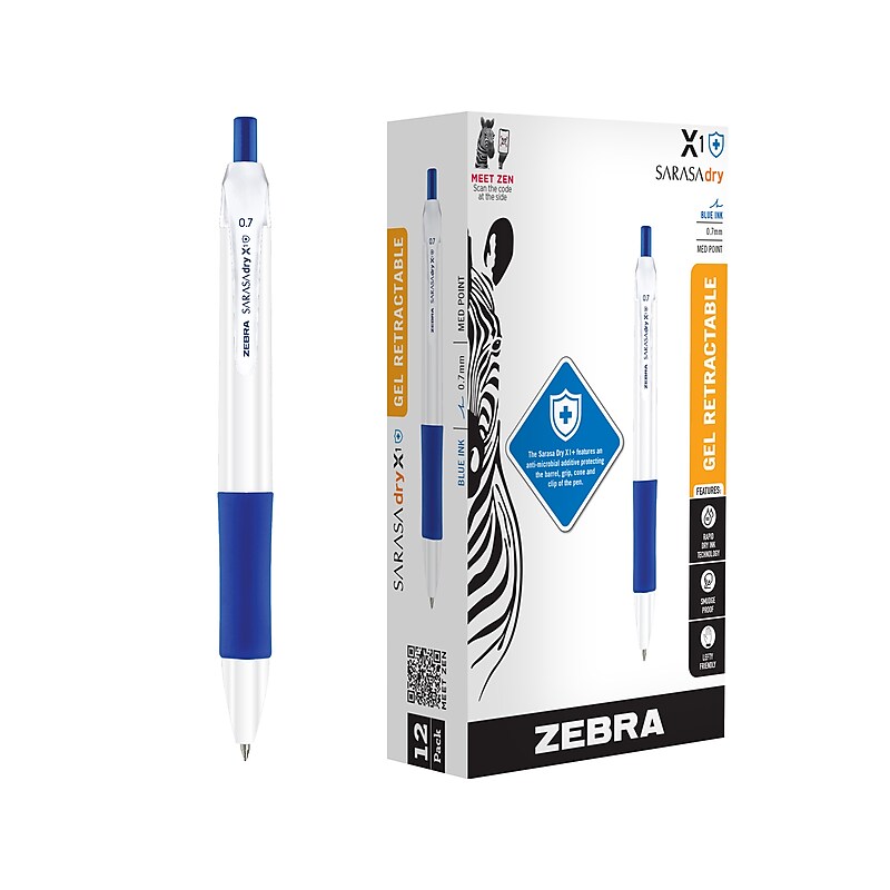 Zebra Sarasa Dry X1+ Retractable Gel Pen, Medium Point, 0.7mm, Blue Ink, Dozen (41520) image 1