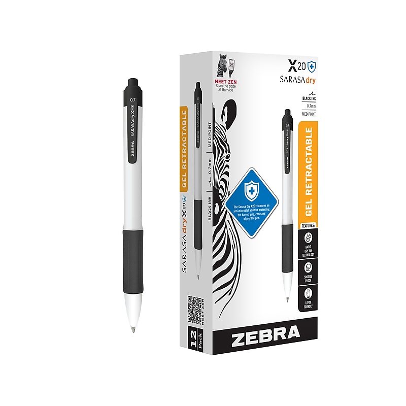 Zebra Sarasa Dry X20+ Retractable Gel Pen, Medium Point, 0.7mm, Black Ink, Dozen (41610) image 1