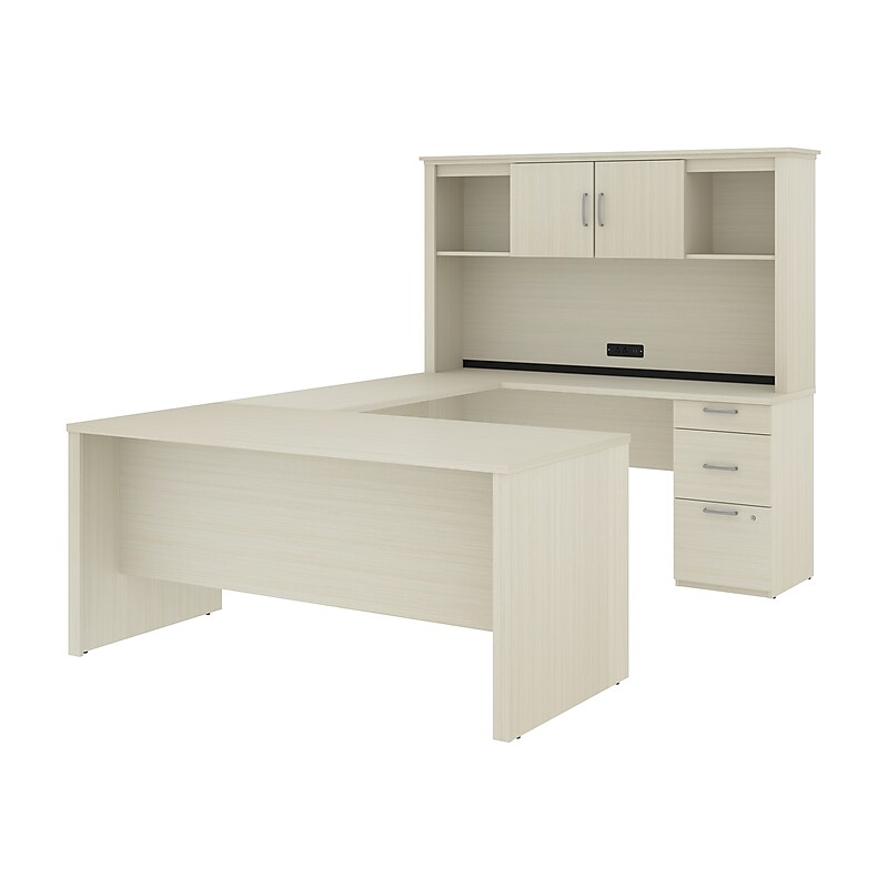 Bestar Logan 66"W U or L-Shaped Executive Office Desk with Pedestal and Hutch, White Chocolate (46410-31) image 1