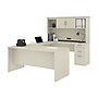 Bestar Logan 66"W U or L-Shaped Executive Office Desk with Pedestal and Hutch, White Chocolate (46410-31)~#|#~sp168526628_sc7