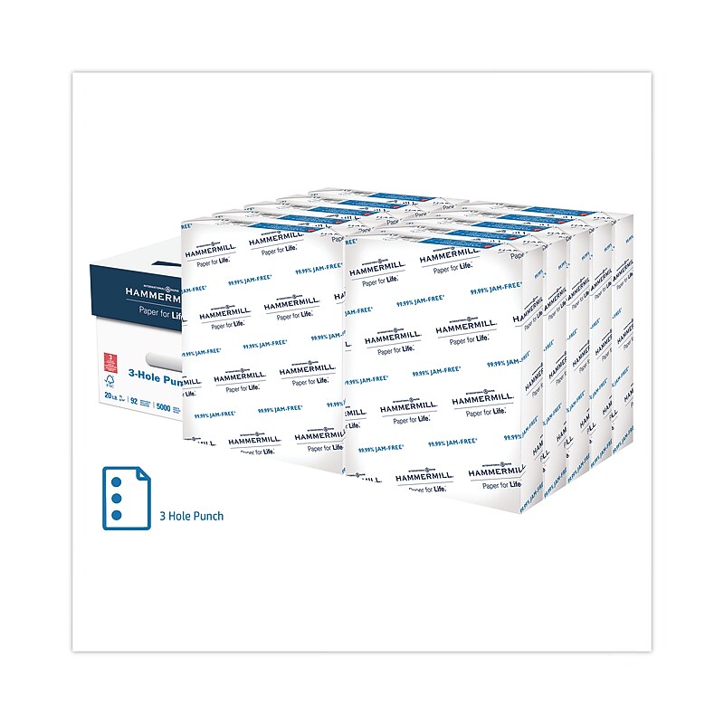 Hammermill Copy Plus Print Paper, 92 Bright, 3-Hole, 20 lb, 8.5 x 11, White, 500 Sheets/Ream, 10 Reams/Carton image 1