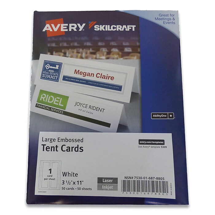 AbilityOne 7530016878805 SKILCRAFT/AVERY Tent Cards, White, 3.5 x