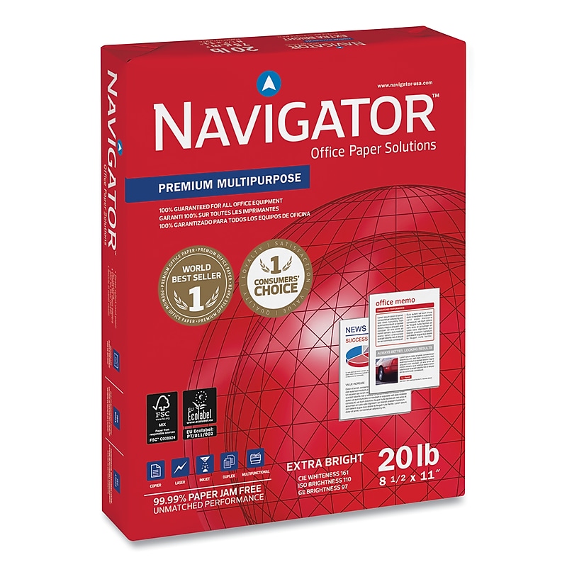 Navigator Premium Multipurpose Copy Paper, 97 Bright, 20 lb., 8.5 x 11, White, 500 Sheets/Ream, 5 Reams/Carton image 1