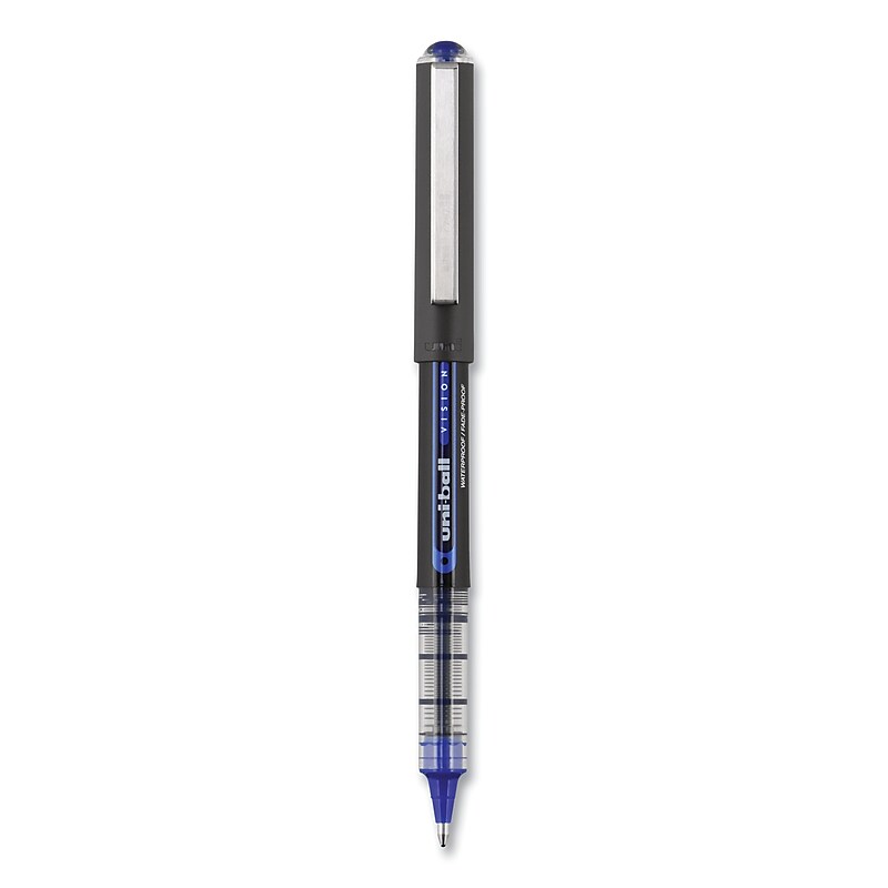 uni-ball VISION Roller Ball Pen, Stick, Bold 1 mm, Blue Ink, Black/Blue Barrel, Dozen image 1