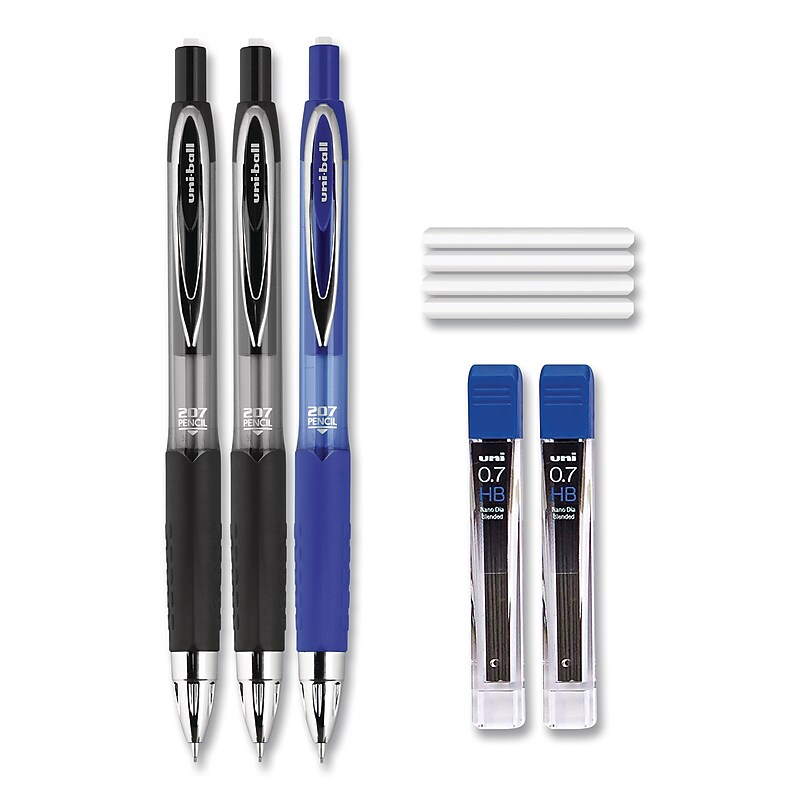 uni-ball 207 Mechanical Pencil with Lead and Eraser Refills, 0.7 mm, HB (#2), Black Lead, Assorted Barrel Colors, 3/Set image 1
