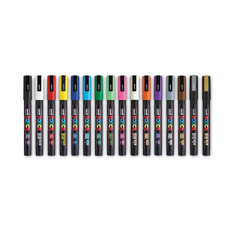 Uni POSCA Permanent Specialty Marker, Fine Bullet Tip, Assorted Colors, 16/Pack (PC3M16C) image 1