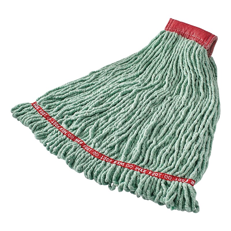 Rubbermaid Commercial Web Foot Shrinkless Looped-End Wet Mop Head, Cotton/Synthetic, Large, Green, 5" Red Headband image 1