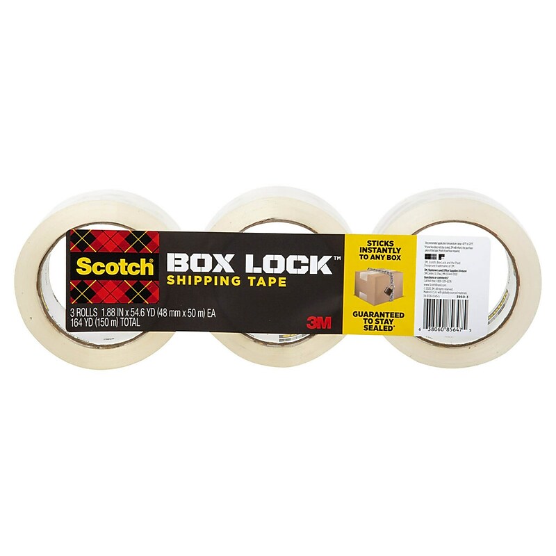 Scotch Box Lock Shipping Packing Tape, 1.88 in. x 38.2 yds., Clear, 3 Pack (3950S-3) image 1