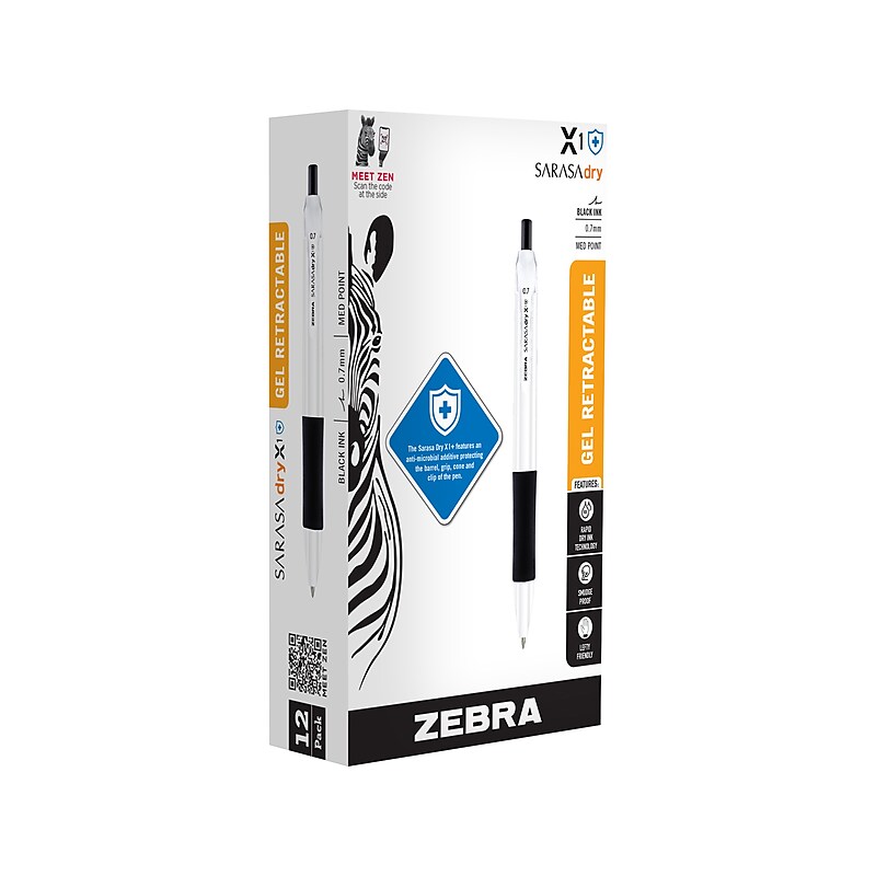 Zebra Sarasa Dry X1+ Retractable Gel Pen, Medium Point, 0.7mm, Black Ink, Dozen (41510) image 1