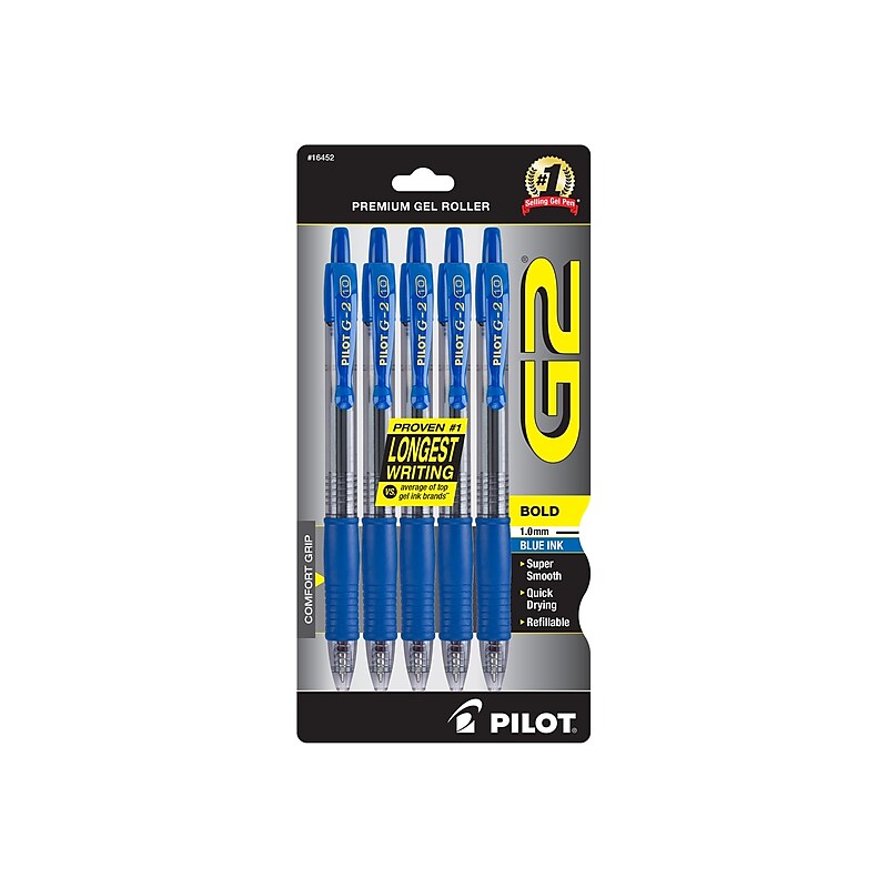 Pilot G2 Retractable Gel Pen, Bold Point, 1.0mm, Blue Ink, 5/Pack (G21C5BLU) image 1