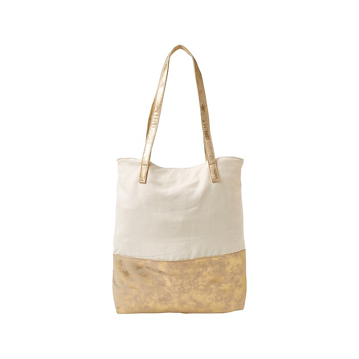 Martha Stewart Deluxe Beige/Gold Canvas/Faux Leather Tote, Large