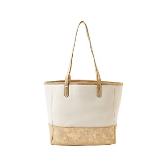 Martha Stewart Deluxe Beige/Gold Canvas/Faux Leather Tote, Medium (MS106C)