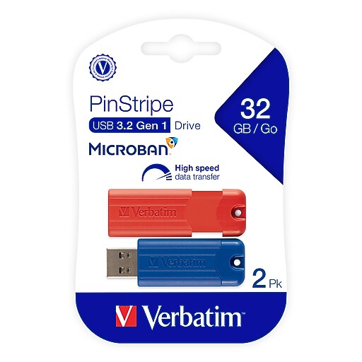 Verbatim PinStripe 32GB USB 3.2 Type A Flash Drive, Blue, Red, 2/Pack