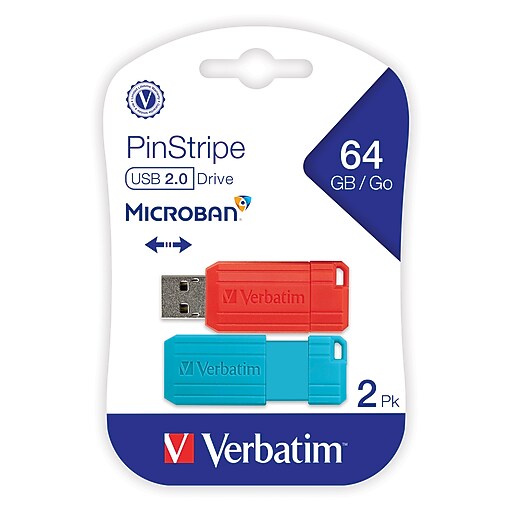 Verbatim PinStripe 64GB USB 2.0 Type A Flash Drive, Caribbean Blue