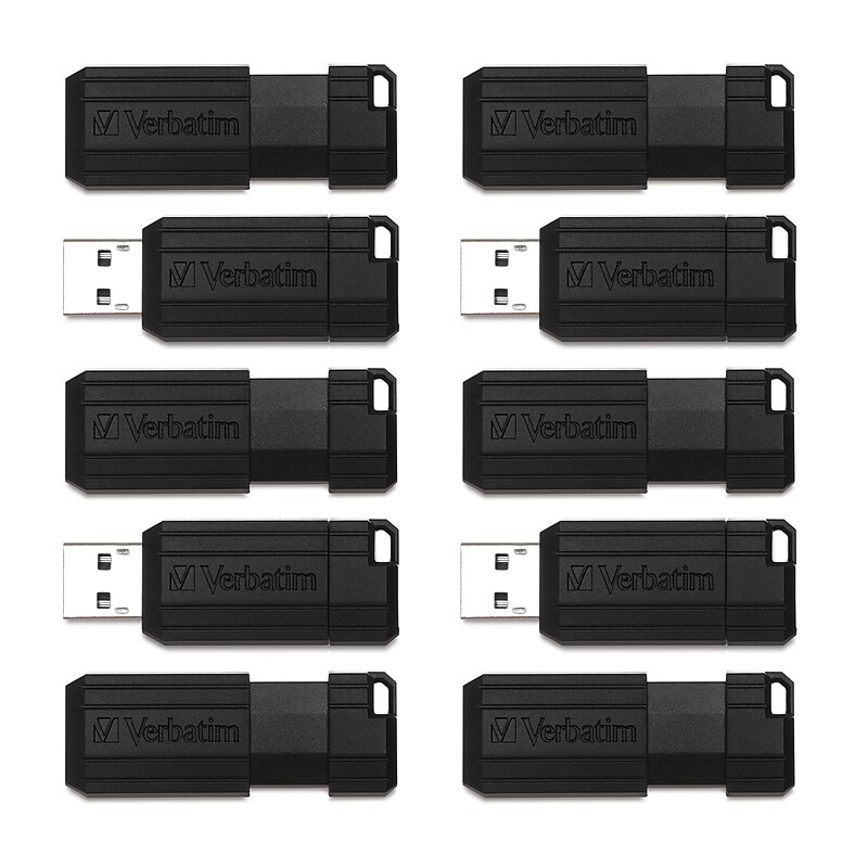 Verbatim PinStripe 32GB USB 2.0 Type A Flash Drive, Black, 10/Pack (70062) image 1