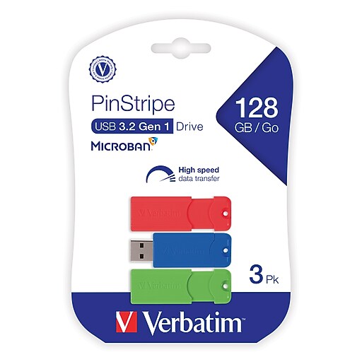 Verbatim PinStripe 128GB USB 3.2 TypeA Flash Drive, Red/Green/Blue, 3