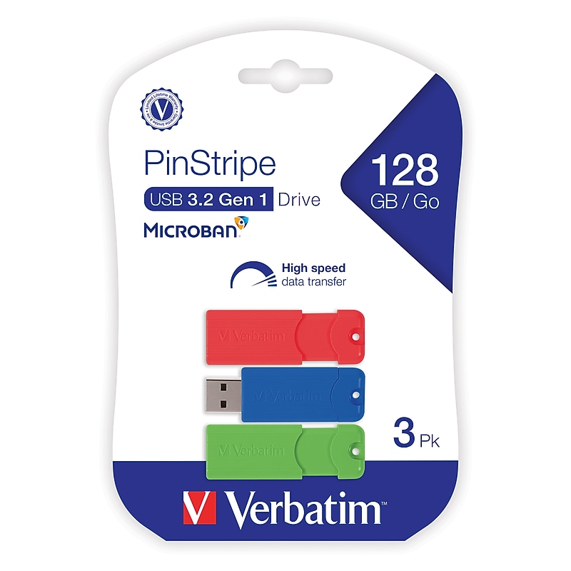 Verbatim PinStripe 128GB USB 3.2 Type-A Flash Drive, Red/Green/Blue, 3/Pack (70390) image 1
