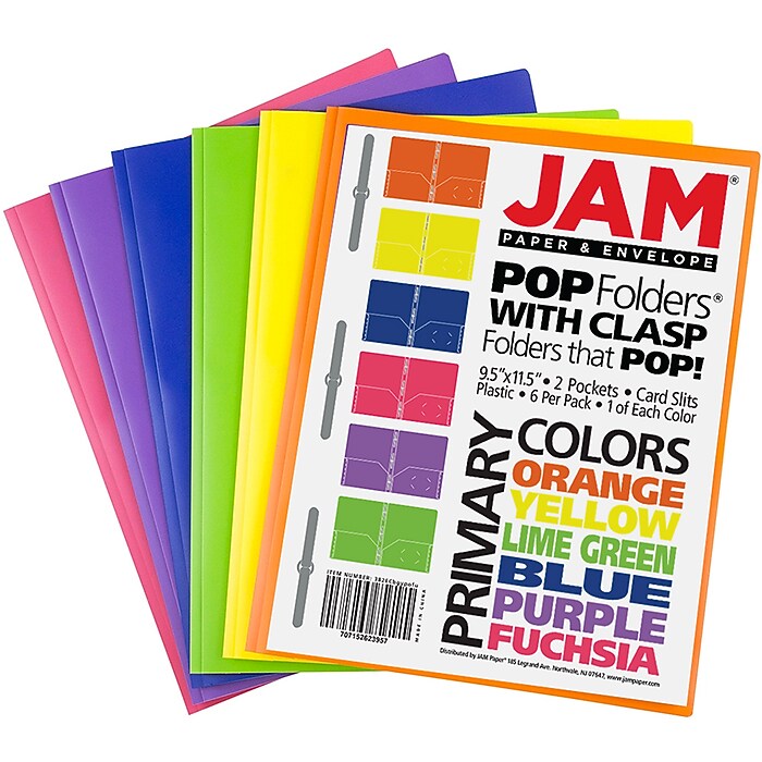 JAM Paper 2-Pocket Plastic Folders with Fastener Clasps