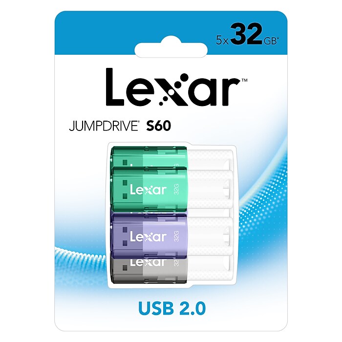 Lexar JumpDrive 32GB USB 2.0 Flash Drive, Assorted Colors, 5/Pack