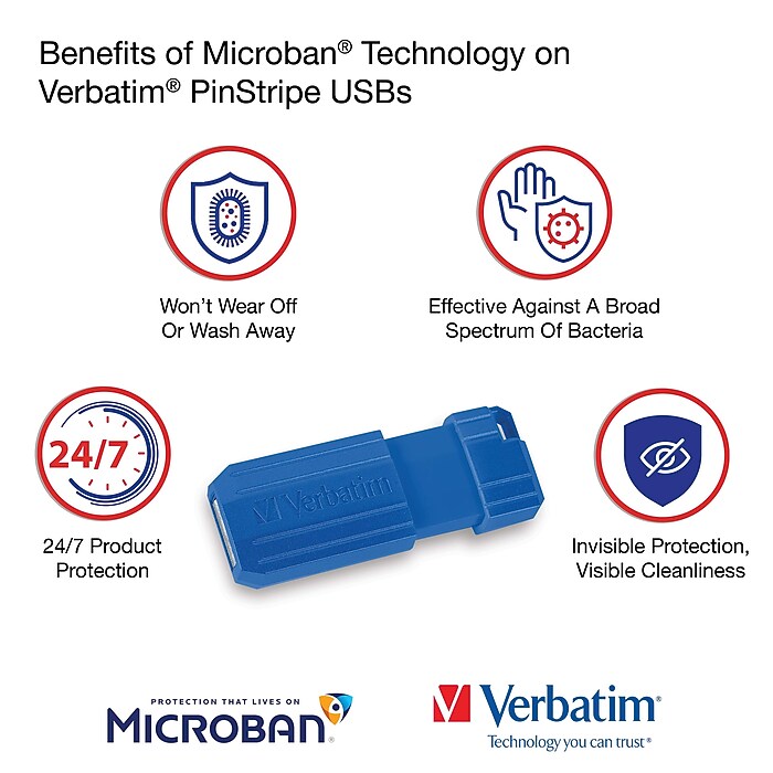 Verbatim 32GB ピンストライプ 格納式 U マ ル、シアン 1450 Verbatim PinStripe 32GB USB 2.0 Type-A Flash Drive, Assorted