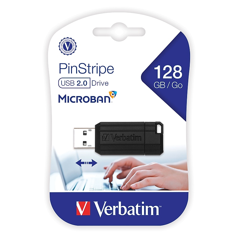 Verbatim PinStripe 128GB USB 2.0 Type-A Flash Drive, Black (49071) image 1