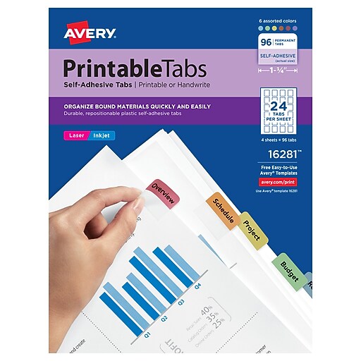 Avery Printable Self-Adhesive Index Tabs, Assorted Colors, 96 Tabs/Pack  (16281) | Staples