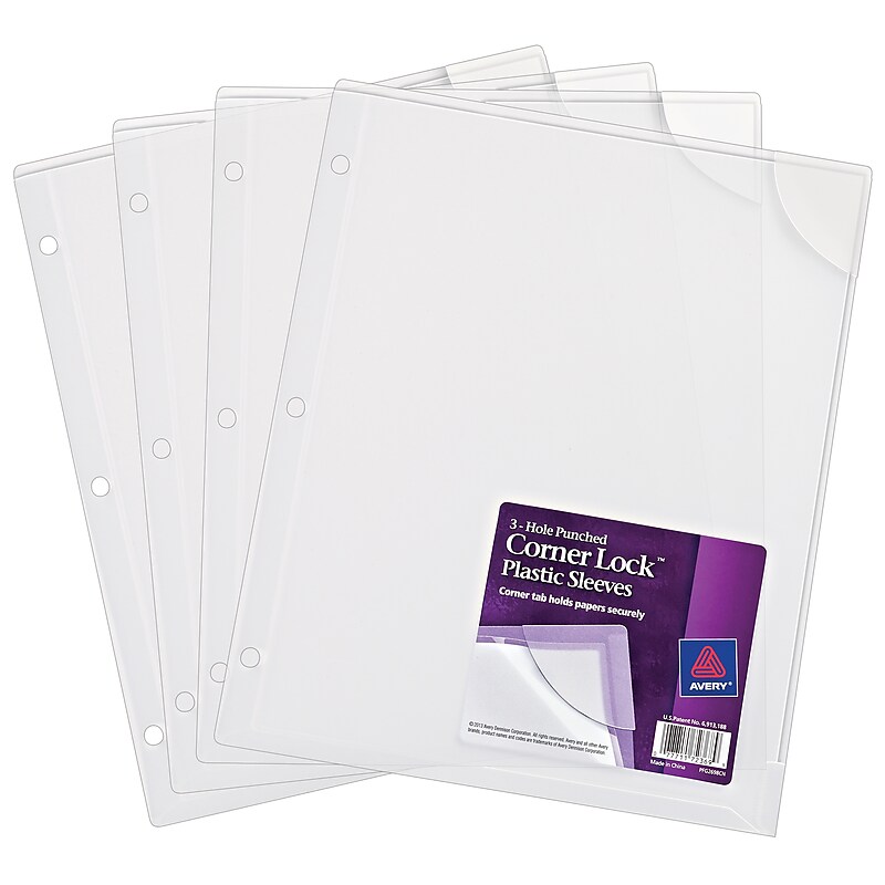 Avery Corner Lock, 3-Hole Punched Plastic Sleeves, Heavyweight, 8-1/2” x 11”, Clear, 4/Pack (72269) image 1
