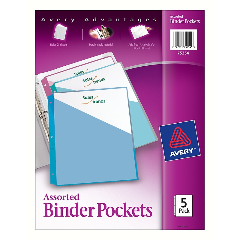 Avery Poly Binder Pocket, 3-Hole Punched, Assorted Colors, 5/Pack (75254) image 1