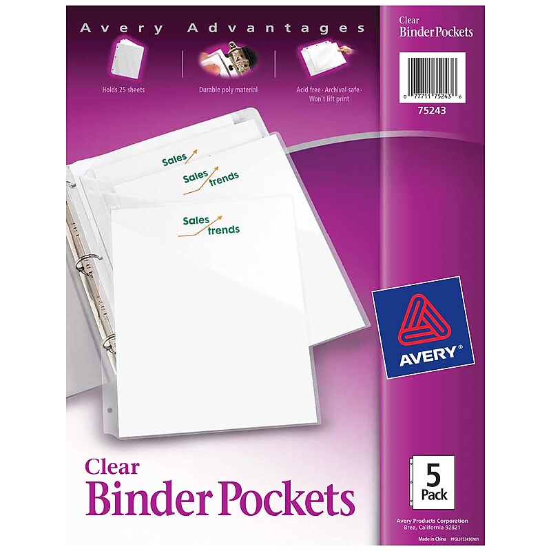 Avery Binder Pockets for 3-Ring Binders, Clear, Fits 8 1/2" x 11" Paper, 5/Pack (75243) image 1