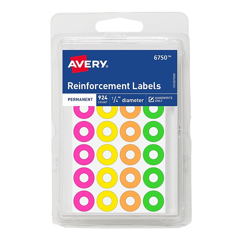 Avery Polyvinyl Reinforcement Labels, Assorted Neon Colors, 924/Pack (6750) image 1