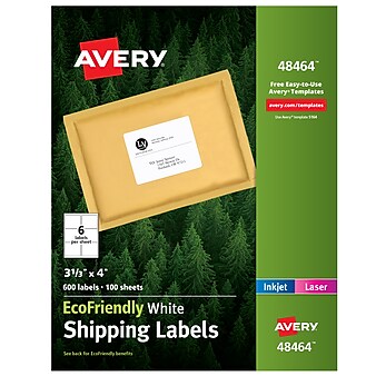 Avery EcoFriendly Laser/Inkjet Shipping Labels, 3-1/3" x 4", White, 6 Labels/Sheet, 100 Sheets/Box (48464)
