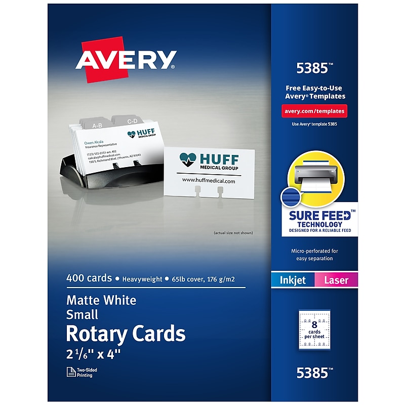 Avery Rotary Cards, Matte White, 2 1/6" x 4", Laser/Inkjet, 400/Pack (05385) image 1
