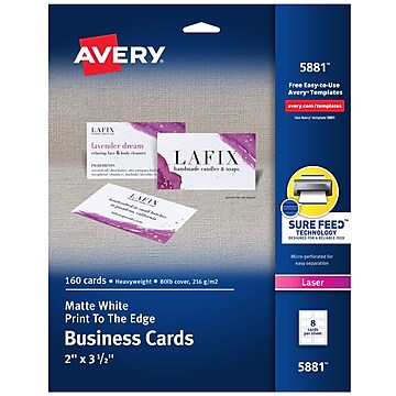 Avery Laser Business Cards, 3.5"W x 2"L, Uncoated White 160/Pack (5881)