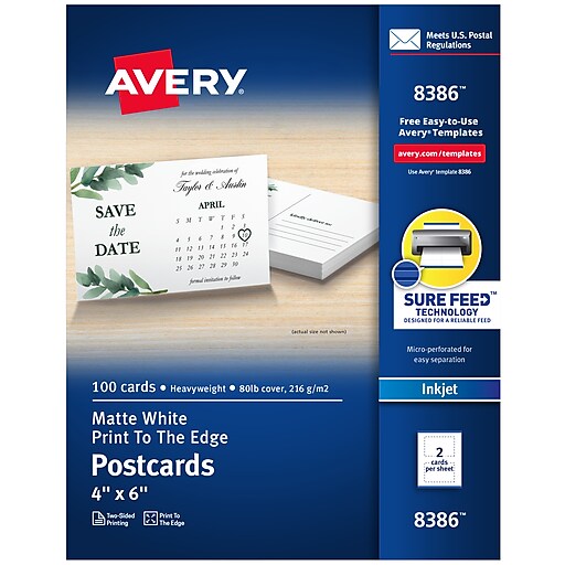 Avery® 4 x 6 Laser Postcards, Heavy Card Stock, White, 100/Box (05389)