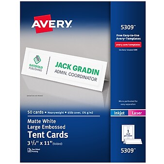 Avery Large Embossed 3.5"H x 11"W White Uncoated Table Tents, Inkjet/Laser, 50/Box