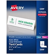 Avery Large Embossed 3.5"H x 11"W White Uncoated Table Tents, Inkjet/Laser, 50/Box