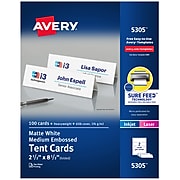 Avery Medium Embossed 2.5"H x 8.5"W White Uncoated Table Tents, Inkjet/Laser, 100/Box