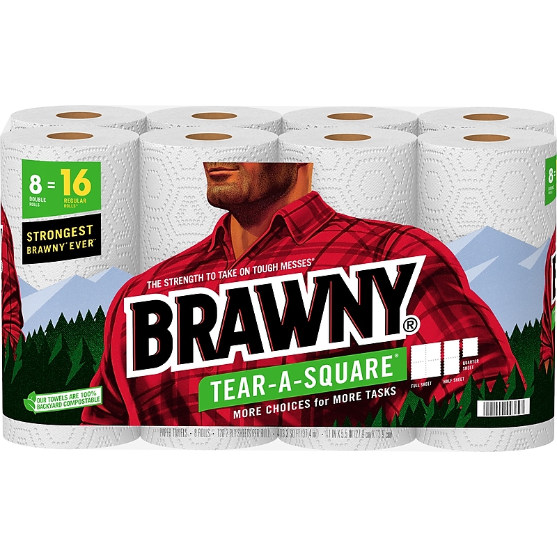 Brawny Tear-A-Square Paper Towels, 2-ply, 120 Sheets/Roll, 8 Rolls/Pack (443665) image 1