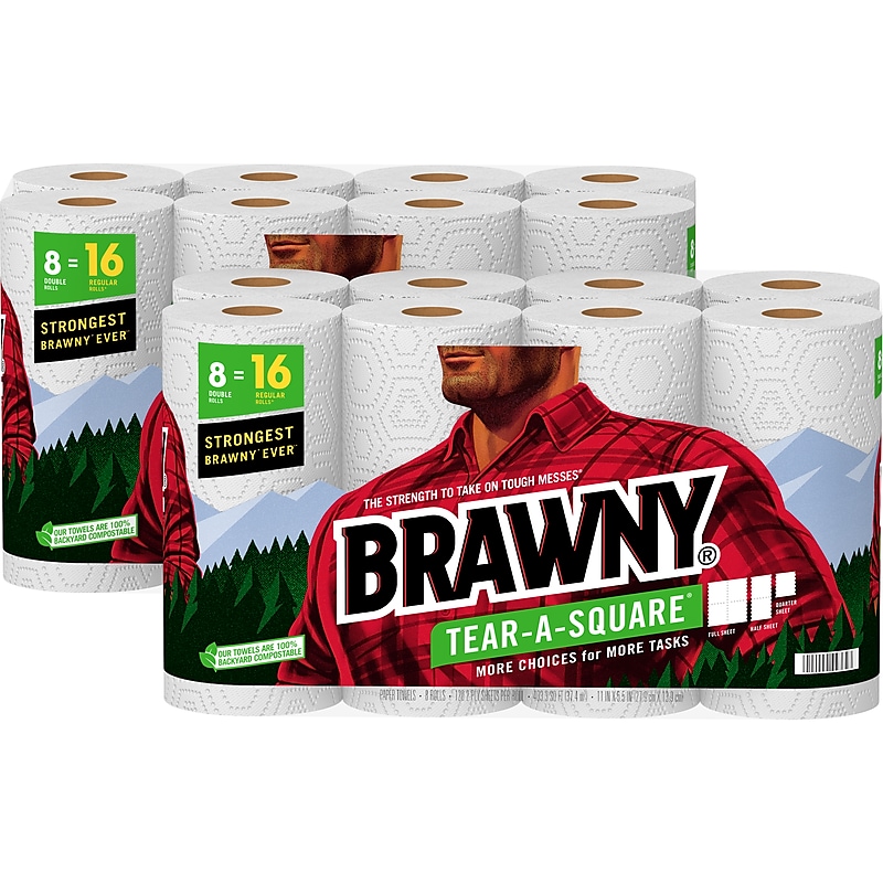 Brawny Tear-A-Square Paper Towels, 2-ply, 120 Sheets/Roll, 16 Rolls/Pack (44372/50) image 1