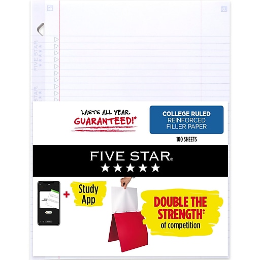 Five Star Reinforced Insertable Notebook Paper, College Ruled, 11 1/2 inch x 8 inch, 75 Sheets/Pack, White